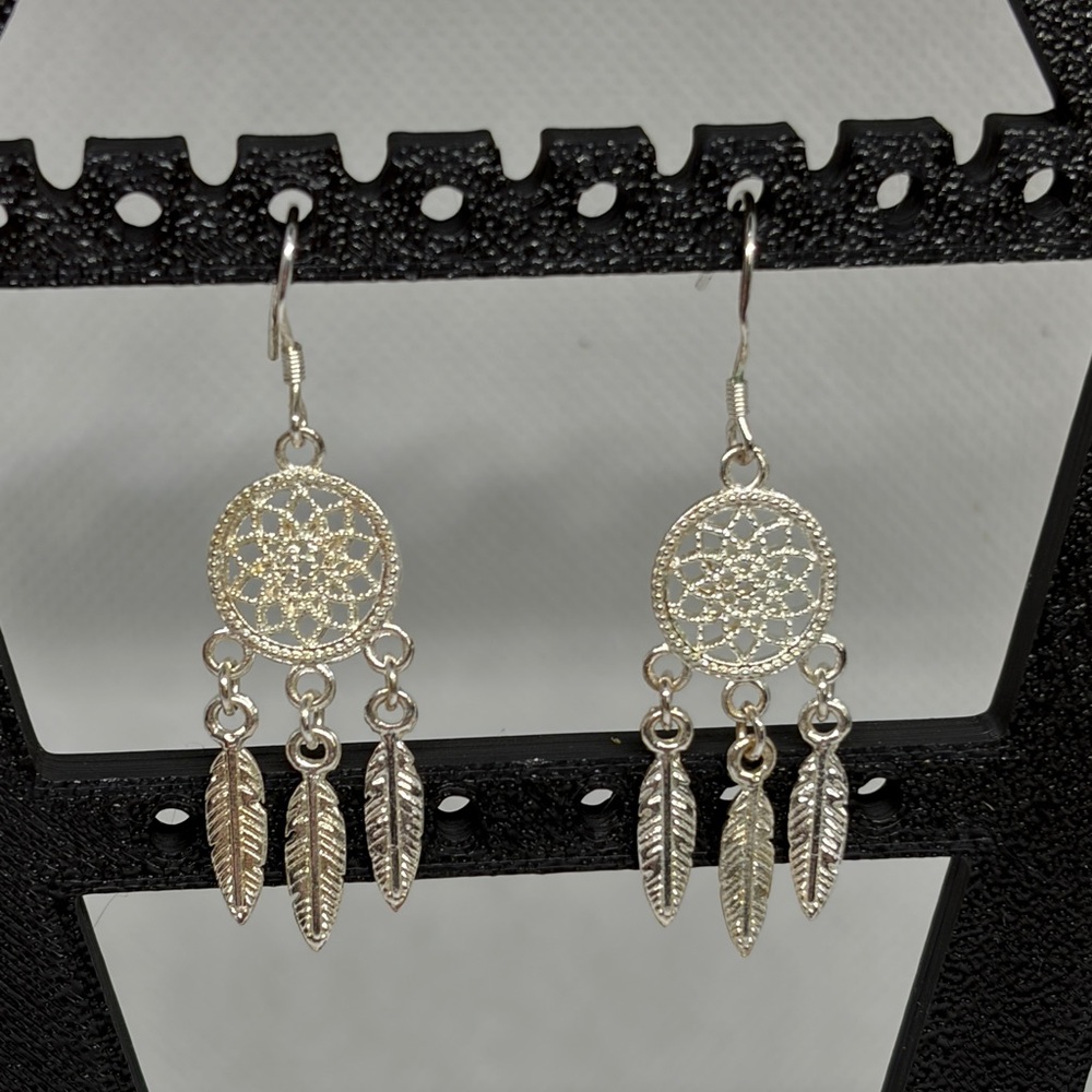 925 Sterling Silver Filigree Dreamcatcher Earrings | Boho Feather Dangles